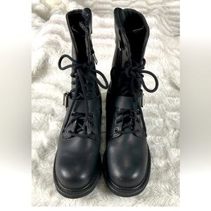 Double H Womens 7M Black Leather Zip Buckle Lace Up Motorcycle Combat Boots